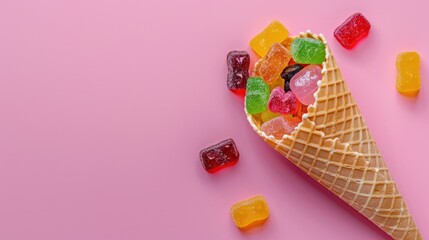 Colorful candy-filled ice cream cone on a bright pink background for summer treats and sweet delight