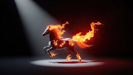 Fiery Horse Silhouette with Zodiac Symbols Glowing Against a Dramatic Spotlight
