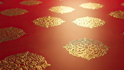 Detailed golden ornamental pattern on a vibrant red surface with a luxurious feel