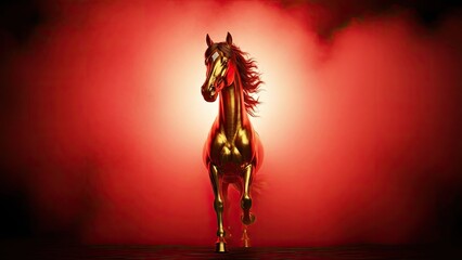 Majestic golden horse statue charges forward amidst a captivating crimson smoke, symbolizing power, luxury, and artistic grandeur in a dramatic display