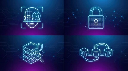 Minimalistic high-detail icon set: biometric face scan, secure padlock, encrypted database, blockchain link