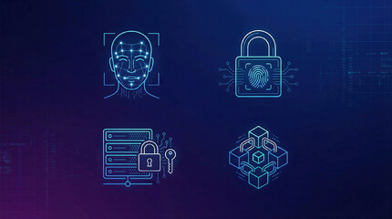 Minimalistic high-detail icon set: biometric face scan, secure padlock, encrypted database, blockchain link