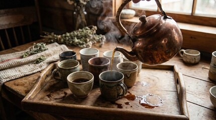 Copper teapot pouring fermented herbal tea into mismatched local pottery cups, steam above, real drip marks on tray, homey aesthetic