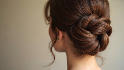Woman with elegant brown chignon hairstyle. Smooth twisted hair bun styled at nape. Perfect bridal wedding updo or formal event coiffure. Studio portrait.