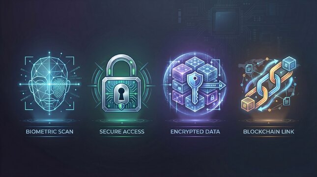 Minimalistic high-detail icon set: biometric face scan, secure padlock, encrypted database, blockchain link - Powered by Adobe