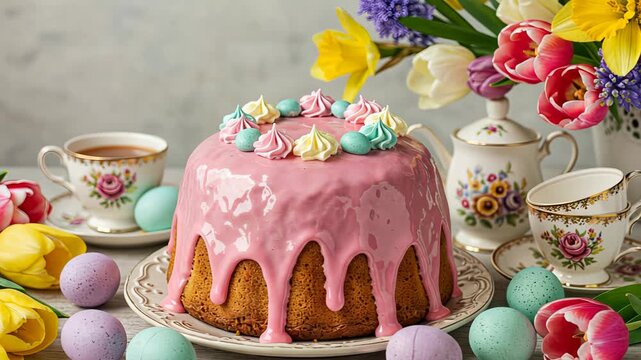 Pastel easter cake decorated with colorful flowers, candles, and eggs on elegant tea table