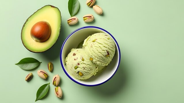 Delicious avocado ice cream with pistachios in a bowl next to avocado half and leaves