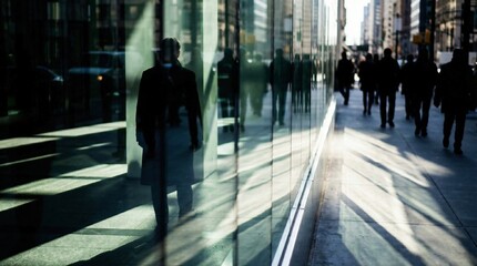 Naklejka premium person’s reflection separated from passersby in skyscraper glass, divided by light and shadow, illustrating invisible barriers in urban life.