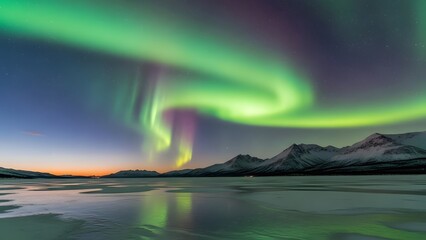 aurora borealis glowing over frozen lake and snowy mountains at night for winter nature background and cinematic visual design