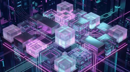 Abstract 3D illustration of glowing cubes and blocks, arranged in a geometric grid pattern with isometric perspective.