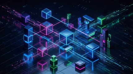 Futuristic blockchain network visual: organized 3D cubes and polygons floating above a dark reflective surface, vibrant magenta and teal highlights