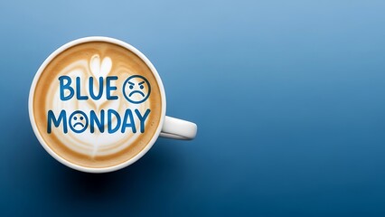Blue monday concept with coffee cup on blue background with sad face design