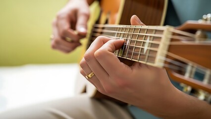 Fototapeta premium Close up of a person's hand playing an acoustic guitar with a gold ring on their finger