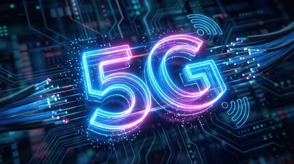 High-tech "5G" typography glowing with electric blue and pink edges, scattered pixel dots and horizontal motion streaks, surrounded by abstract digital particles