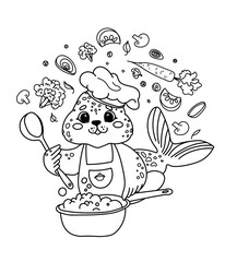 Vector illustration children's coloring book about professions. Linear sea lion chef. Seal cook
