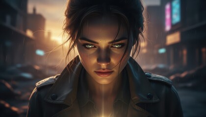 Cinematic Portrait of a Determined Woman with Glowing Eyes in a Rainy Futuristic City