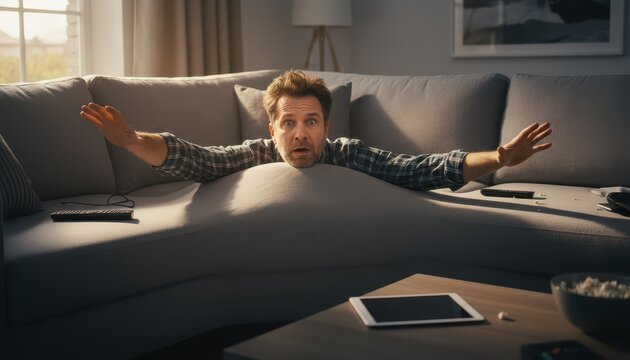 Surreal Concept of Man Merging with Grey Sofa in Modern Living Room Interior Design