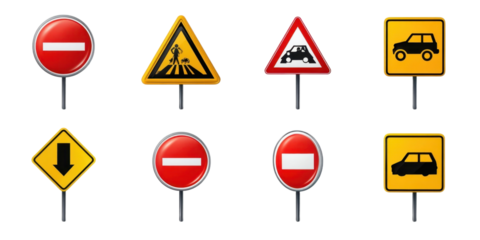 Set of Various Road Signs for Safety and Alertness While Driving Vehicle on Road
