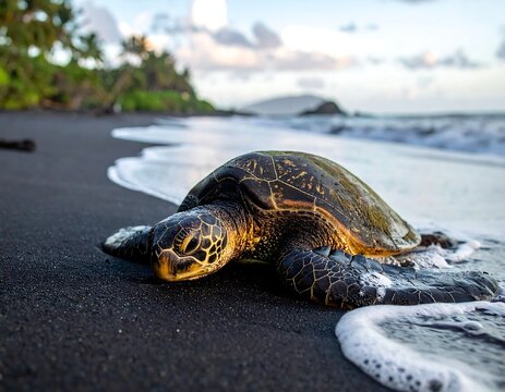 A sea turtle emerges from the ocean onto a black sand beach