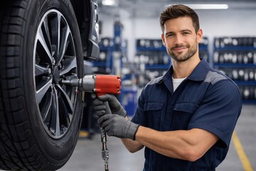Smiling Professional Mechanic Changing Car Tire with Impact Wrench in Modern Auto Repair Garage