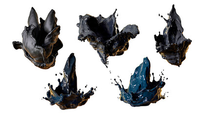Dynamic abstract splashes of black and blue viscous fluid captured against a stark transparent background