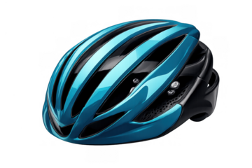 Blue bicycle helmet for cycling sport, protective headwear providing safety for outdoor activity, transparent background