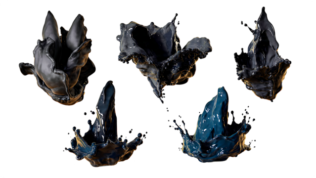 Dynamic abstract splashes of black and blue viscous fluid captured against a stark transparent background - Powered by Adobe