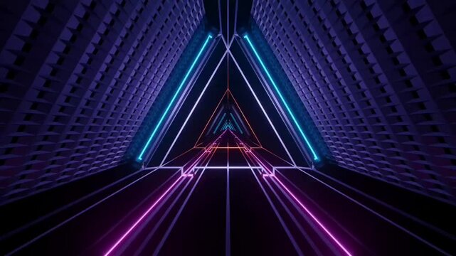 Futuristic Triangle Neon Tunnel with Glowing Purple and Orange Laser Lines in Scifi Corridor Background