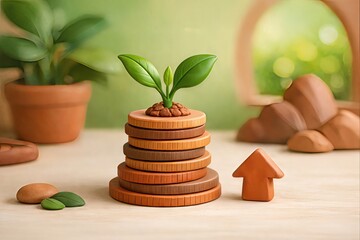 Innovative growth concept depicting sapling emerging from stacked wooden coins representing financial growth and sustainability with soft natural lighting highlighting an eco friendly environment