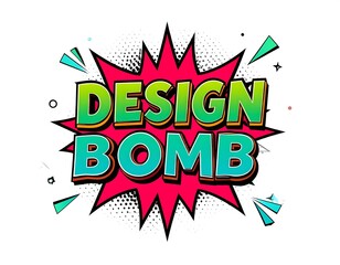 Bold comic-style text, "DESIGN BOMB," bursts from a red, spiky explosion on a white background