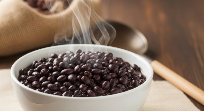 Creamy Cuban Frijoles Negros - Steaming Black Beans with Sofrito and Negative Space Above