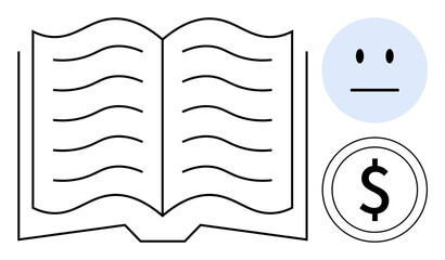 Education, finance, emotion, learning materials, budgeting, self-help. An open book, a dollar symbol and a neutral face on a white background. Education and finance key