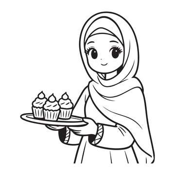 Adorable Muslim Princess Wearing Hijab Holding Tray Of Cupcakes Kids Coloring Page. 