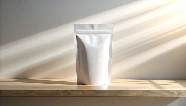 Minimalist packaging mockup featuring a blank white stand-up doypack pouch on a wooden shelf, illuminated by natural sunlight and soft shadows, perfect for modern brand presentation