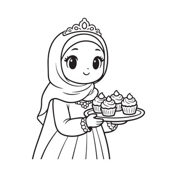 Adorable Muslim Princess Wearing Hijab Holding Tray Of Cupcakes Kids Coloring Page. 