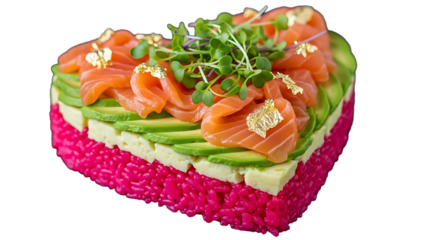 Heart-Shaped Salmon Sushi Cake with Avocado and Pink Rice, isolated on transparent background