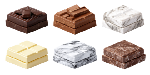 Six Chocolate Blocks Dark Milk White Marble and Swirls on Transparent Background