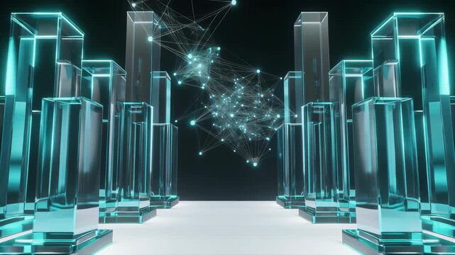 Futuristic Cityscape with Neon Towers and Data Streams in a Dark Environment