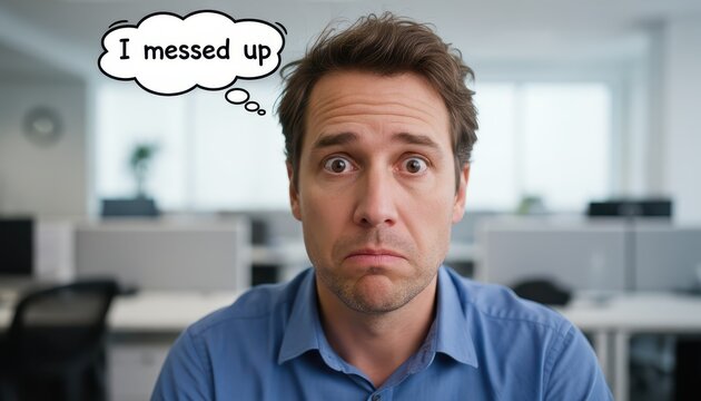 Regretful Office Worker with I Messed Up Thought Bubble Looking Stressed and Shocked