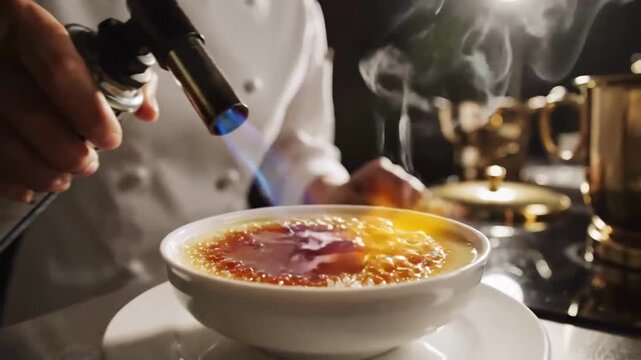 Creating A Delicious Cr?me Br?l?e With A Culinary Torch In A Professional Kitchen Setting