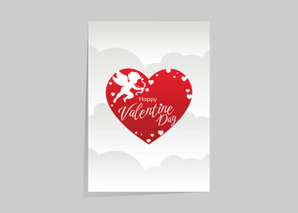 Romantic Valentine greeting featuring red heart, cupid silhouette, clouds, playful love accents.