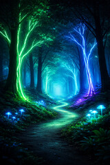 Futuristic neon forest pathway with depth and glow