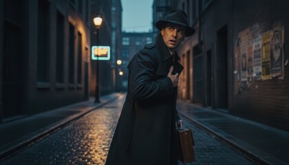 Mysterious Man in Trench Coat and Fedora Walking Through a Dark Wet City Alley at Night