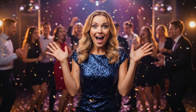 Surprised Young Woman Celebrating at a Festive Party with Confetti and Bokeh Lights