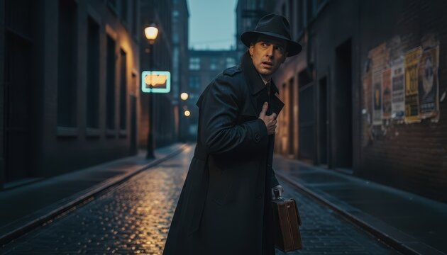 Mysterious Man in Trench Coat and Fedora Walking Through a Dark Wet City Alley at Night