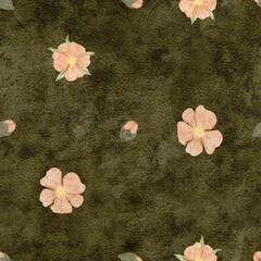 Seamless watercolor floral pattern, small peach blossoms scattered on deep olive. Minimal botanical surface design for fashion textiles, fabric printing, packaging, stationery, modern lifestyle