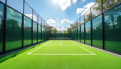 Padel court with artificial green turf surface and glass walls for game play. Outdoor sports facility for tennis and racket sport. Sunny sky brightens empty padel arena.