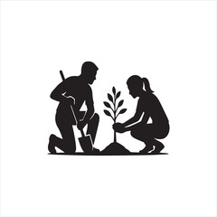  Silhouette people planting tree together environmental project vector illustration