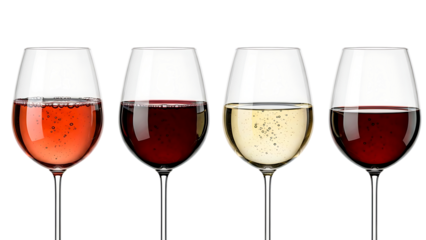 Four different types of wine in a row, including rosé, red, and white, against a black background