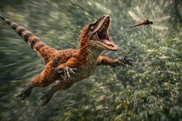Fototapeta premium Dynamic Freeze Frame of Velociraptor Snapping at Airborne Prey.